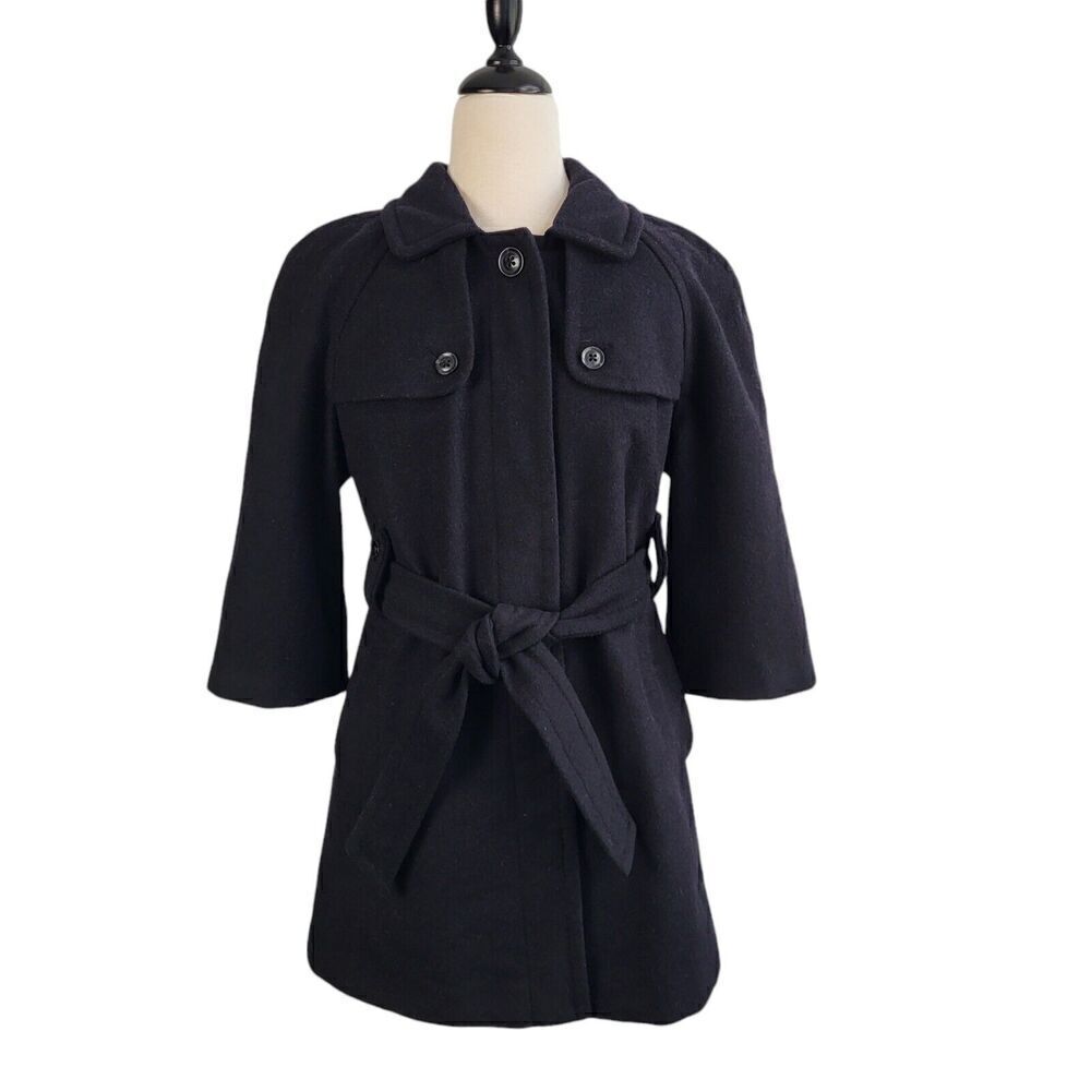 Gap Wool Blend Peacoat Women M Black Belted 3/4 Sleeve Dressy Classic Minimalist